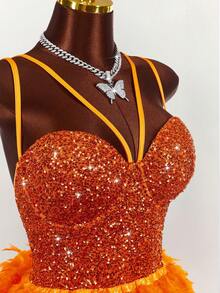 Amplova 大码女式万圣节精灵角色扮演亮片羽毛装饰连衣裙 - 橘色 - 查看 4