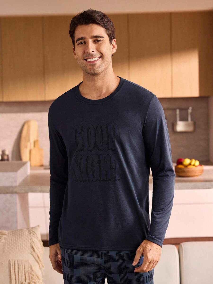 Manfinity Underwear&Sleepwear Basics Men's Round Neck Long Sleeve Casual Homewear Top, Fall Sleep Wear, Winter