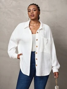 SHEIN Tall CURVE 大码落肩口袋贴片纽扣衬衫，长袖上衣 - 米色 - 查看 6