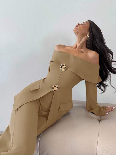 Firerie 女士优雅露肩长袖上衣和裤子两件套，适合秋冬季通勤