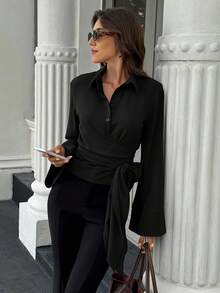 EMERY ROSE Women's Solid Color Twist Shoulder Long Sleeve Casual Versatile Blouse - Black - View 6