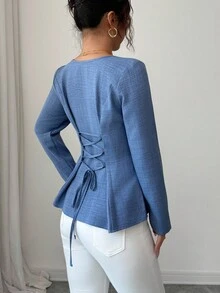 Elenzga Women's Square Neck Denim Effect A-Line T-Shirt - Blue - View 2