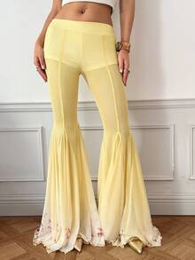 SHEIN ICON Quần ống loe in họa tiết ren gradient ngọt ngào và quyến rũ dành cho nữ có cạp siêu thấp - Màu vàng - Xem 2
