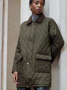 Aveloria Modichic 秋冬新款法式欧式中长款菱形绗缝灯芯绒撞色块轻薄复古美式军绿色棉服外套 - 軍綠色 - 查看 6