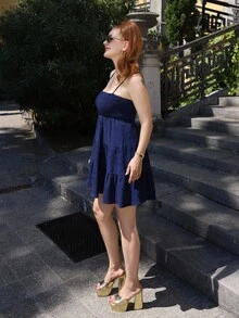 Gretanique 女士純色荷葉邊細肩帶連身裙 - 藏蓝色 - 查看 5