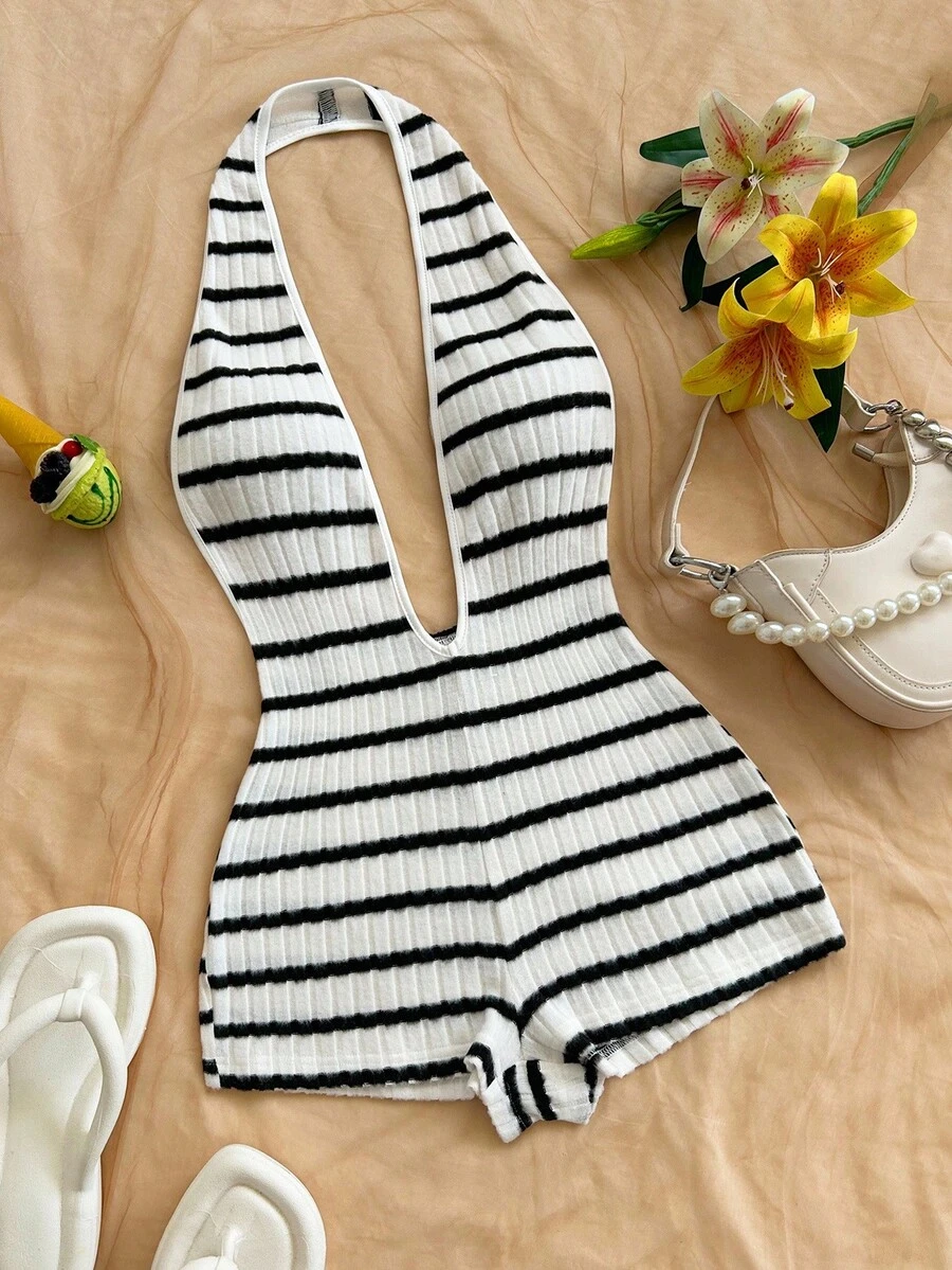 Soleia Women's Contrast Stripe Halter Jumpsuit  Cozy Fall And Winter Clothes For Women - Black and White - View 1