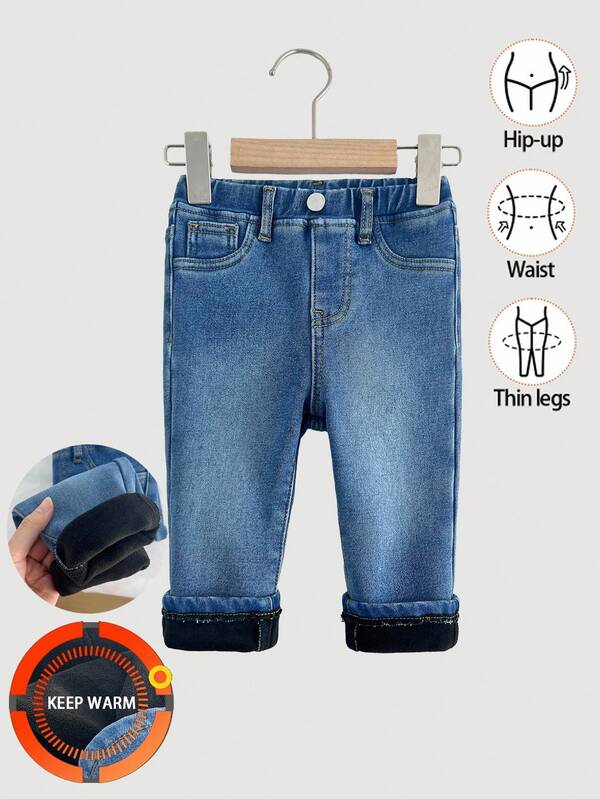 SHEIN Baby Girl Blue Denim Fleece Lined Elastic Waist Skinny Pants, Autumn/Winter Fall,Adding Fleece And Thickening For Warmth Jeans