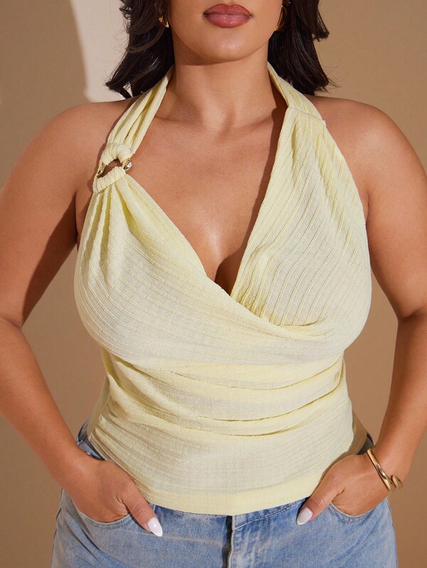 SHEIN BAE Plus Size Women's Pale Yellow Textured Knit Shoulder Strap Top, Chic & Flattering For Party, Date, Wedding, Afternoon Tea, Music Festival, Romantic Beach Vacation, Spring/Summer Cruise Resort Pastel Yellow Top Halter Top/Winter /Fall Clothes For Women/Halloween  Top/Christmas Outfit Women/Elegant Outfit For Party/Curvy Party Top/Wedding Guest Top For Women/Going Out Outfit/Civil Wedding Top/Casual Top For Women/Plus Size Formal Top/Curve/Homecoming/Birthday Yellow Top For Women