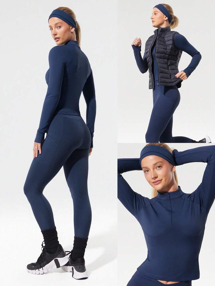 Slim Fit Warm Waist Length 1/4 Zip Knit Long-Sleeve Top With Thumbholes Running Jogging Hiking Gym Training Daily Active Wear Sweat-Wicking