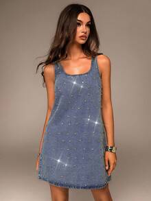 Avantive 夏季新款圆领无袖A字型水钻装饰女式牛仔迷你连衣裙