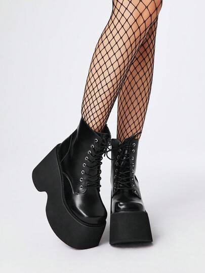 Goth Damen Mode Plateau Super High Heel Knöchel Stiefel, Punk Y2K Stil, PU Leder einfarbig Schnürung Seitlicher Reißverschluss Plateau Stiefel, geeignet für Bühnenauftritte Keilabsätze