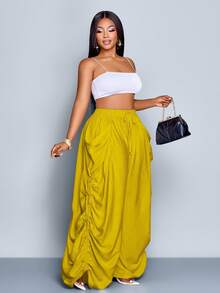 SOLERSUN 大码女式纯色休闲宽松口袋抽绳裤 - 芥末黃 - 查看 5