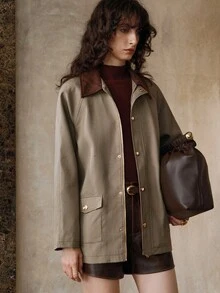 Revavyn 复古格子领拼布撞色高端时尚优雅百搭通勤设计夹克 - 咖啡棕 - 查看 3