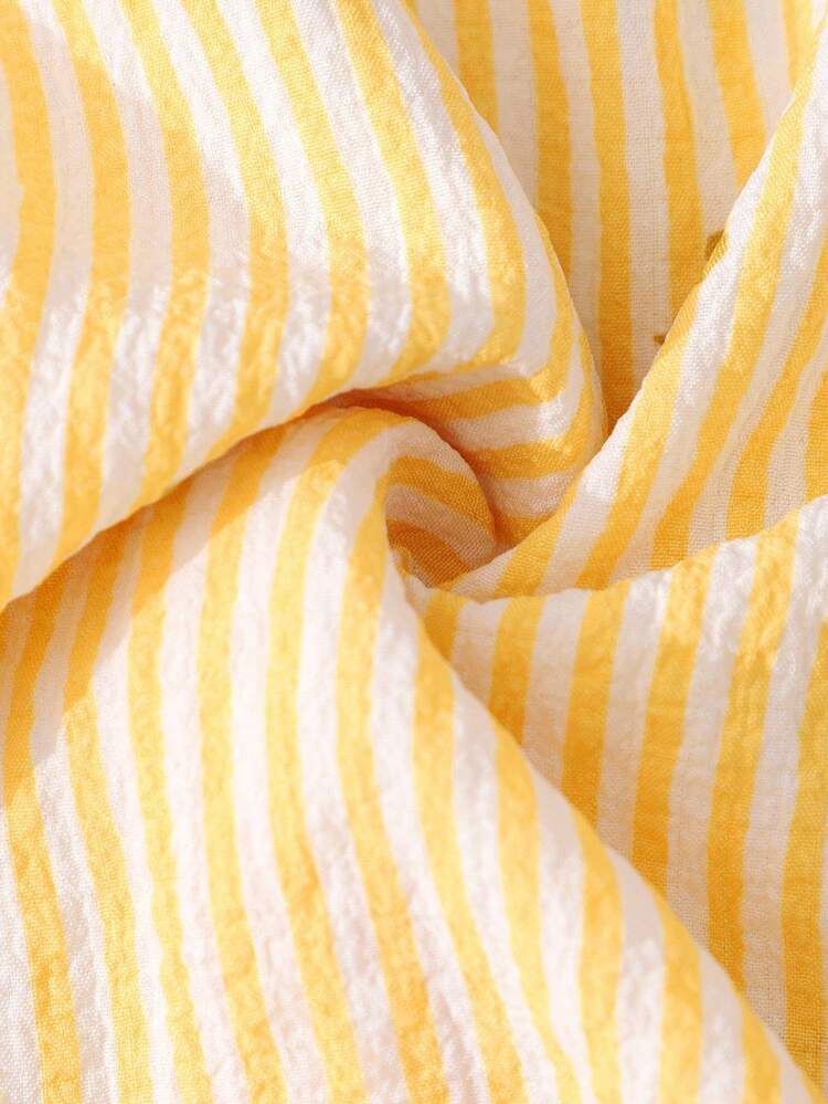 Sparklyn Y2K 风格女孩蝴蝶条纹印花经典衬衫，适合日常或学校穿着，可搭配牛仔裤、裙子或吊带背心，打造返校装 - 黃色 - 查看 5