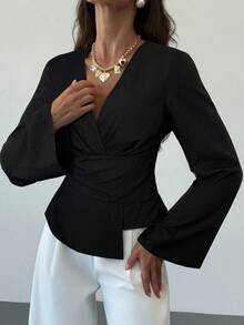 Aloruh New Stylish Commuter Waist Ruched Asymmetric Hem Long Flare Sleeve V-Neck Pullover Blouse Black Tops