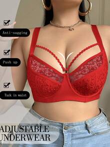 SHEIN 1 件加大码网眼刺绣钢圈文胸，提升型 - 紅色 - 查看 6