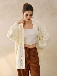 INAWLY Cardigan feminino de malha longa, solto, com ombros caídos, cor sólida, outono/inverno - Branco - Ver 6