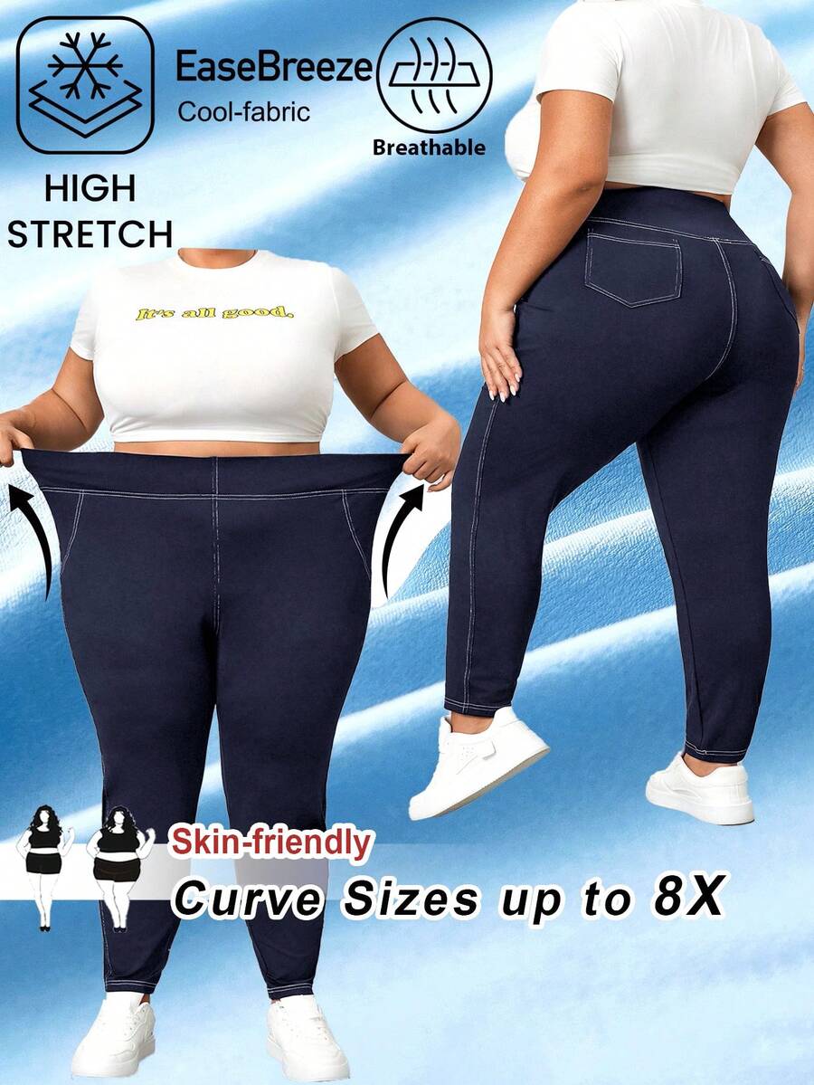 SHEIN CURVE+ Quần legging bó thun co giãn thường ngày cỡ lớn cho nữ có đường khâu lộ rõ, thoáng khí, thấm hút mồ hôi, mùa hè, Curve Plus, Hoho Vacation - Màu xanh hải quân - Xem 1