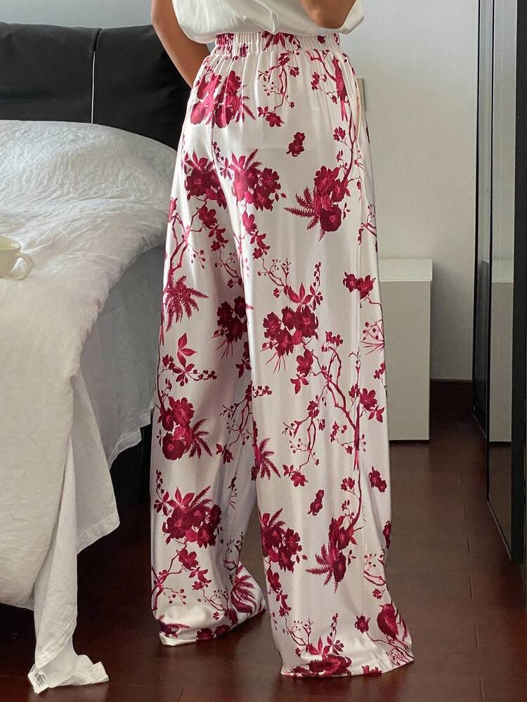 Elegant Chinese Style Floral & Bird Print Satin Loose Women Pajama Bottoms, Fall