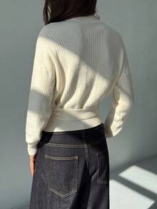 Aloruh Women's Autumn/Winter New Ribbed Knit Turtleneck Sweater, Slim Fit Long Sleeve Pullover With Belt Decor, Minimalist Everyday Versatile Knitwear - Beige - View 2