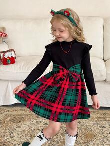 LMoss Kids LMoss Young Girl Knitted Round Neck Ruffle Hem Plaid Casual Dress,Girls Autumn Princess Birthday Christmas French Style Long Sleeve Patchwork Dress - Multicolor - View 3