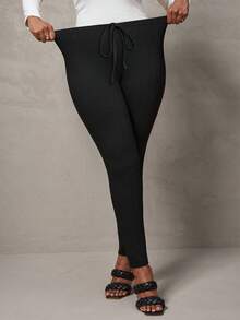 SHEIN Tall CURVE سراويل ضيقة بلون أحادي من الأنسجة المحبوكة المرنة، مناسبة للخريف والشتاء - الأسود - مشاهدة 6
