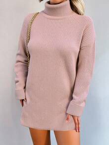 EURMUSE 高領落肩袖毛衣洋裝不附腰帶 - 粉色 - 查看 3