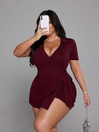 NU&NOW Plus Size Women Solid Color Wrap Tie Knot Short Sleeve Casual Jumpsuit