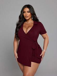 NU&NOW 大码女式纯色裹身系带短袖休闲连体裤 - 酒紅色 - 查看 4