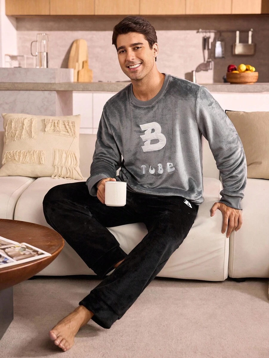 Manfinity Underwear&Sleepwear Basics Men's Minimalist Letter Embroidery Crew Neck Long Sleeve Top And Pants Fluffy Pajama Set, Fall Winter Clothes, Cozy - Grey - View 1