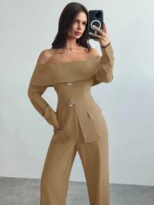 Firerie Damen elegantes Oberteil mit offener Schulter und Langarm sowie Hose, 2-teiliges Set, geeignet für den Alltag im Herbst/Winter