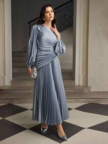 ZEYLAH Women's Pleated Asymmetric Waist Midi Dress, Long Sleeve, Round Neck