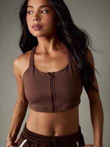MISSGUIDED 前拉链运动文胸 高强度运动健身文胸 中等支撑工字背跑步瑜伽健身锻炼训练上衣 带网眼面板和侧面通风 - 咖啡棕 - 查看 3