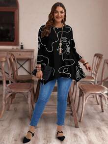 EMERY ROSE Casual Minimalist Line Face Graphic All-Over Print Loose Fit Long Sleeve T-Shirt, Suitable For Plus Size In Autumn/Winter - Multicolor - View 4
