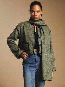 Poéselle Cappotto con profili a contrasto verde oliva con sciarpa, stile "old money", essenziale per il capsule wardrobe, idee autunnali, moda dark academia, cappotto chic preppy, cappotto corto da donna con bordi a contrasto, autunno/inverno - Verde militare - Visualizzare 3