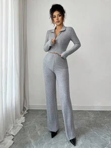 Elenzga 2pcs Autumn Casual Fashion Set, Ribbed Zip-Up Crop Top And Long Straight Pants