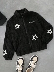 PAVTROS Chaqueta de forro polar con bordado de estrella de cinco puntas y letra para niños de corte holgado, suave y versátil, adecuada para otoño, primavera, invierno, uso diario, ir y venir, al aire libre, deportes, escuela, ropa urbana, fiestas, fotografía - Blanco y Negro - Ver 3