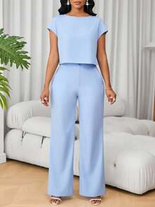 Lunelith SHEIN Lunessa 2 件女式套装：法式圆领短袖休闲上衣和高腰阔腿裤 - 藍色 - 查看 3