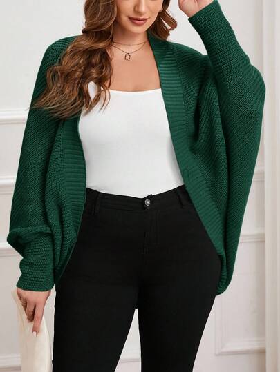 SHEIN Essnce Plus Size Women Solid Color Loose Batwing Sleeve Fashionable Knit Casual Cardigan Green Cardigan Sweater Women Green Cardigan Cardigan Plus Size Green Cardigan Plus Size Shrug Cardigan In Fall/Winter