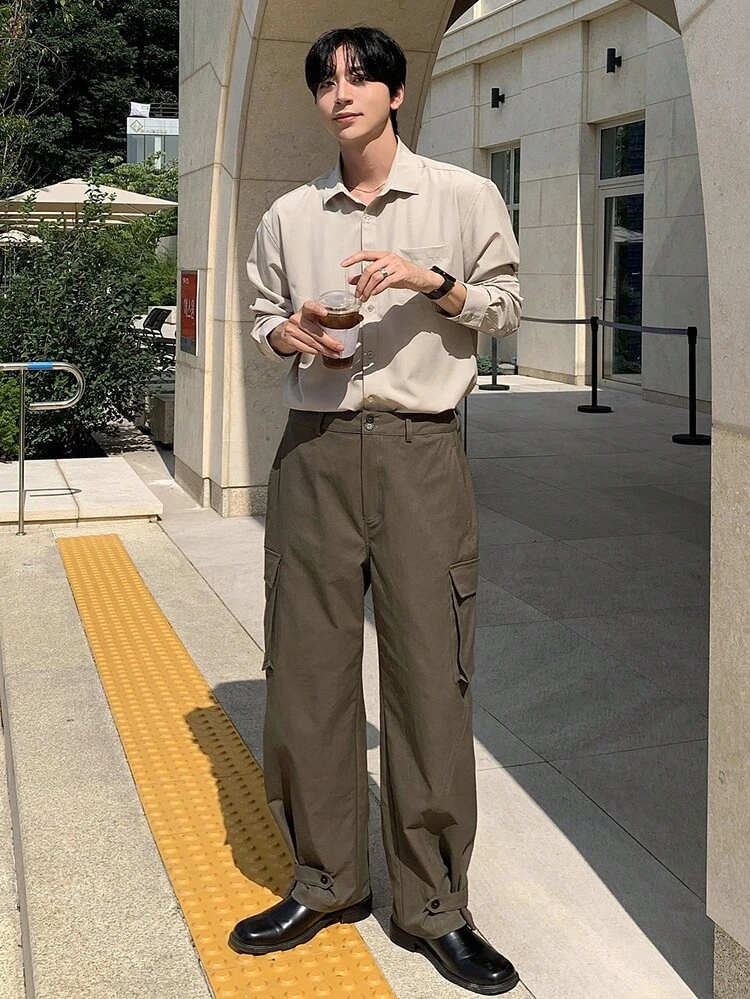 Autumn Cargo Pocket Design Adjustable Hem Men's Pants, Brown