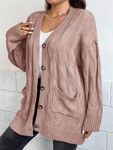 EURMUSE Cárdigan informal de talla grande de unicolor con bolsillos dobles, otoño/invierno - Rosa vieja - Ver 4