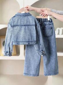 2 piezas Conjunto de Denim para Niñas, Chaqueta de Denim Corta Estilo Vintage + Jeans de Pierna Recta Holgada, Conjunto de Denim de Moda para Primavera/Otoño, Perfecto para Vacaciones y Salidas Casuales - Azul lavado medio - Ver 2