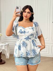 Soleia Blusa holgada de manga corta con volantes con estampado floral azul y de estilo boho vacacional para mujer de talla grande, para el verano
