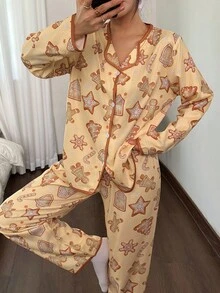 SHEIN Christmas Theme Snowflake Gingerbread Man Print Long Sleeve Top & Pants Casual Women Pajama Set, Fall Winter Clothes - Yellow - View 3
