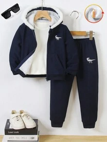 2 件套可爱卡通印花拉链连帽衫夹克和裤子套装，休闲街头滑板舒适秋冬，圣诞节 - 寶藍色 - 查看 1