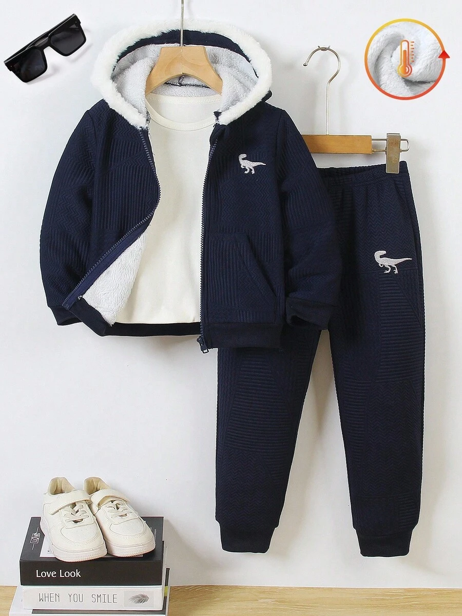2 件套可爱卡通印花拉链连帽衫夹克和裤子套装，休闲街头滑板舒适秋冬，圣诞节 - 寶藍色 - 查看 1