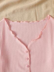 SHEIN Tween Girls' Versatile Casual Ribbed V-Neck Ruffle Trim Button Up Cardigan Sweater, Back To School Fall Winter - Baby Pink - View 5