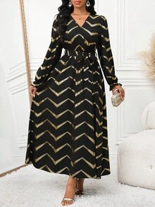 SHEIN Lady Casual Cinched Waist Cinched Waist V-Neck Long Sleeve Dress For Women