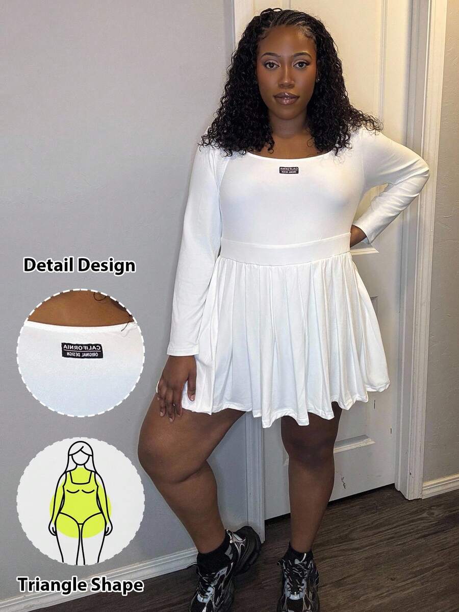 Truni Unbeholfenes Große Größen-Herbstkleid für Frauen, Winter Große Größen Lässig Einfaches Grundkleid mit U-Ausschnitt und Langarm, mit schwarzem Label und weißer Beschriftung, kombiniert mit eingebauten Shorts, weißes Strickstoff Langarm Plissee Mini-Kleid für Birnenform Körpertyp