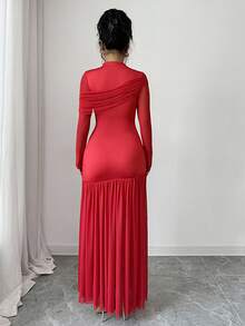 SHEIN Elenzya Váy maxi chữ A xếp ly lưới khoét lỗ hở gợi cảm thời trang thu đông mới, màu đỏ trơn cổ đứng, thích hợp cho tiệc tốt nghiệp, sự kiện ngày lễ, kỳ nghỉ, hẹn hò, Giáng sinh, Halloween - Đỏ - Xem 2